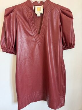 Faux Leather Puff-Sleeve Mini Dress - Deep Wine